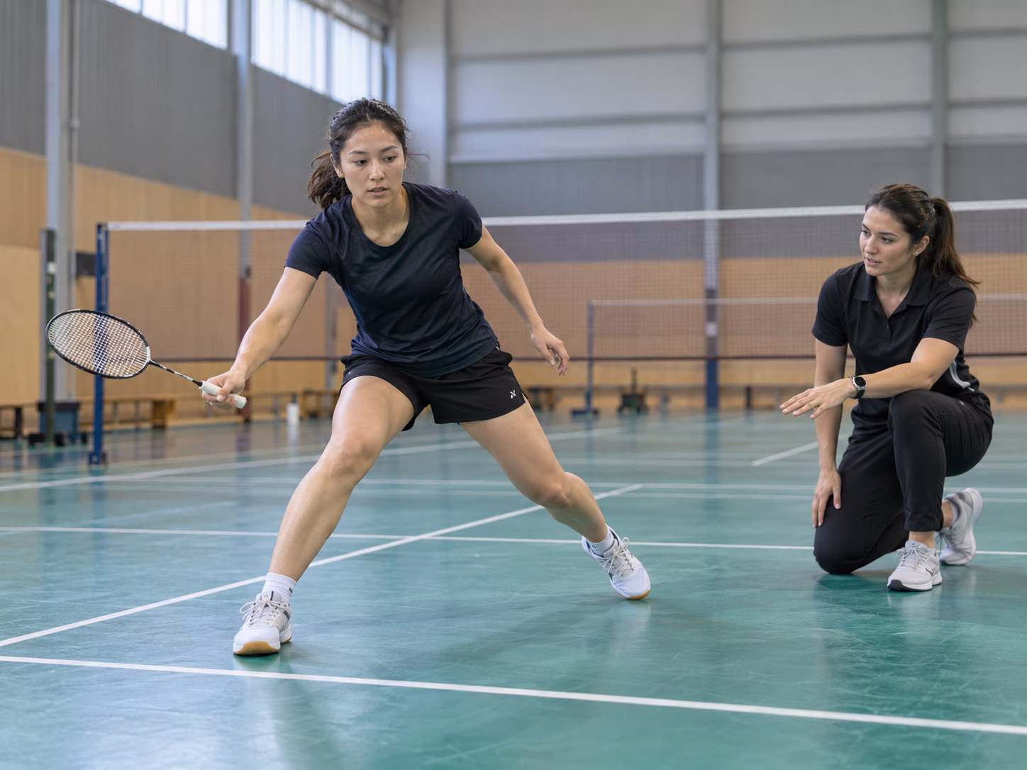 Physiotherapist guiding badminton footwork exercises during sports injury rehabilitation