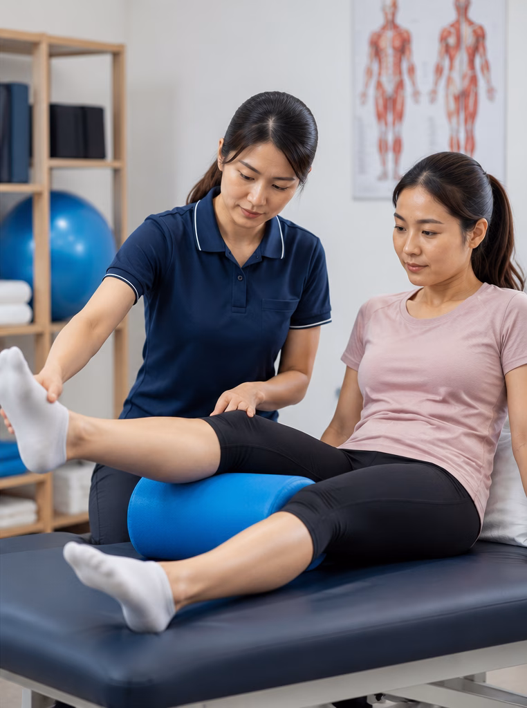 Patient performing a gentle leg mobility exercise under physiotherapist supervision