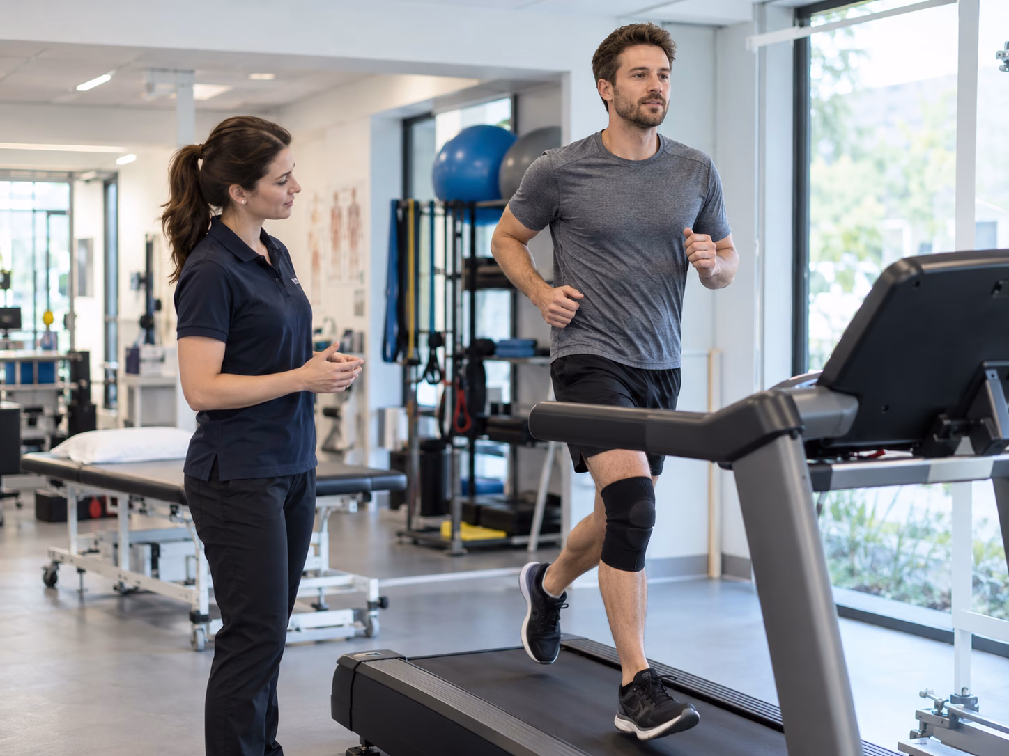 Physiotherapist supervising a patient's gradual return to running after injury