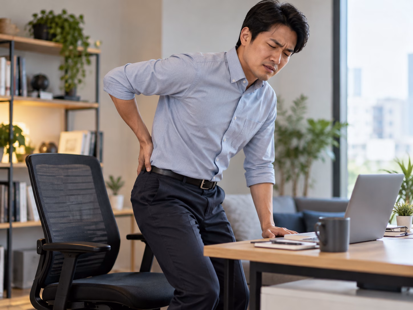 Office worker experiencing recurring lower back pain after prolonged sitting.