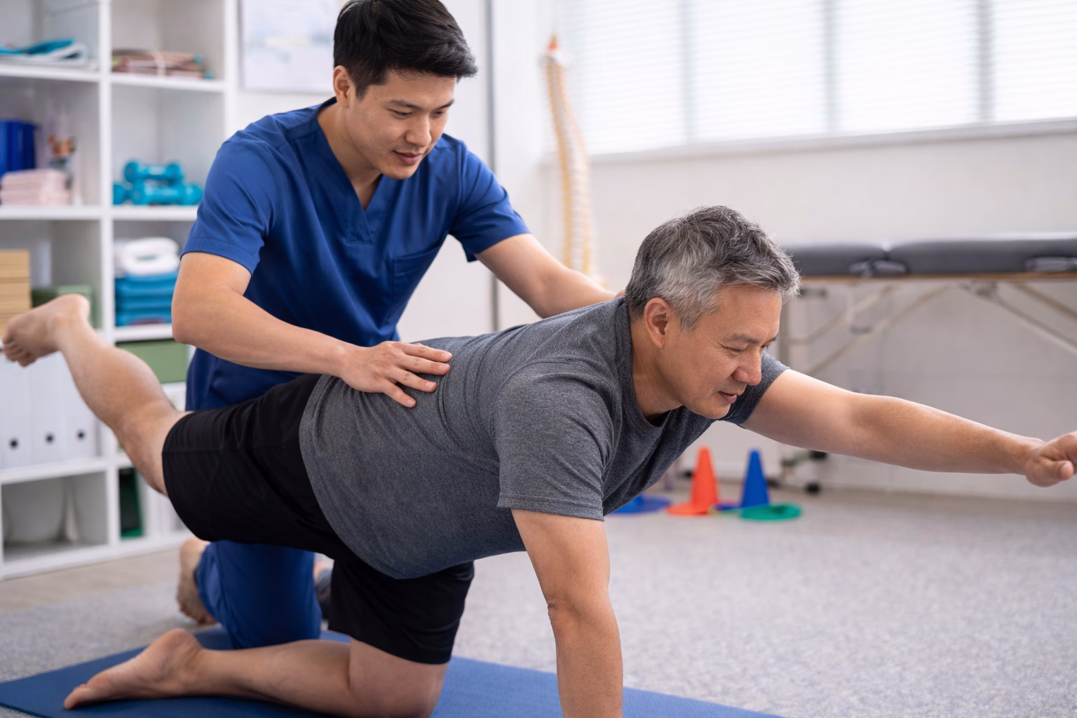 Physiotherapist assisting patient with back exercise, the patient is on four on the floor, with left hand and right leg raised and right hand and left leg supporting the body on the floor
