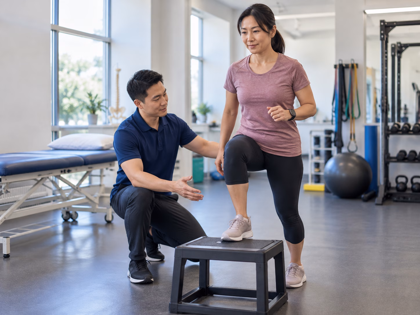 Physiotherapist guiding a patient through a step-up exercise to improve leg strength and mobility.