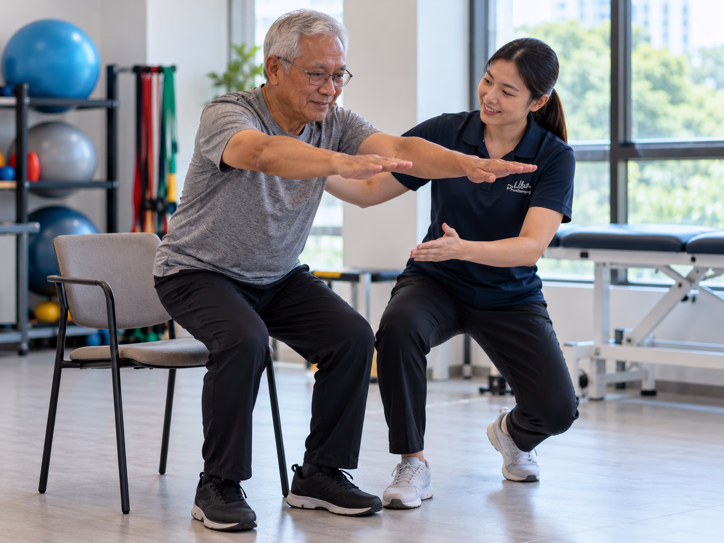 Older man practising sit-to-stand strengthening exercises with a physiotherapist